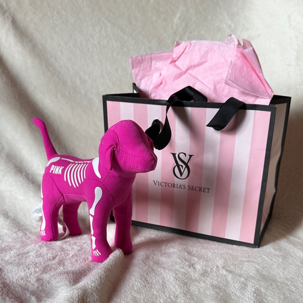 Victoria's Secret Pink and White Plush Dog with Gift Bag